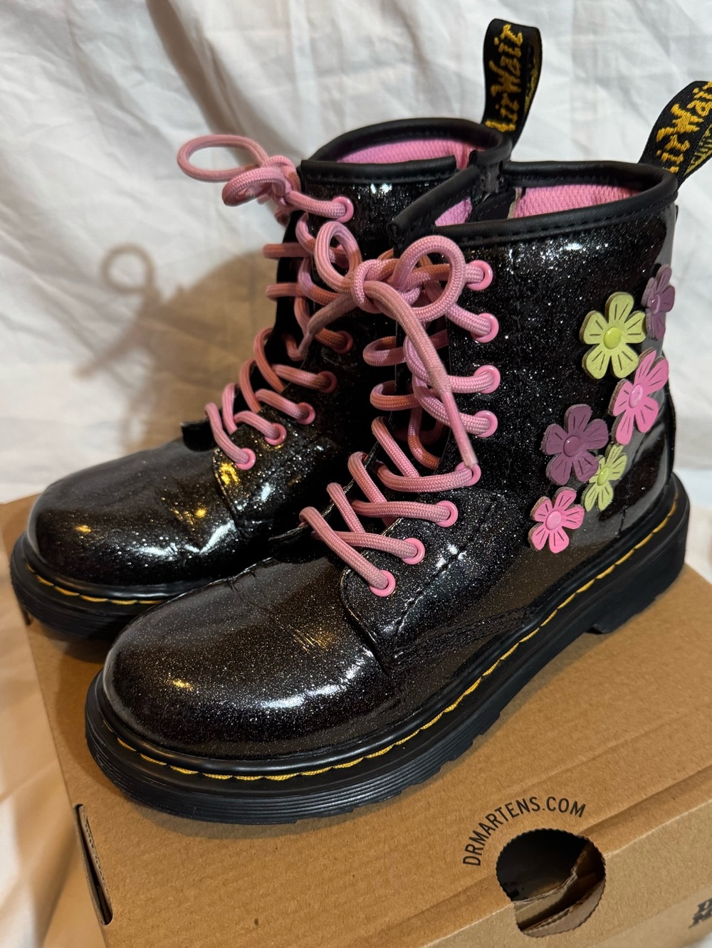 Dr. Martens Black Glitter Boots with Pink Laces and Floral Appliqués
